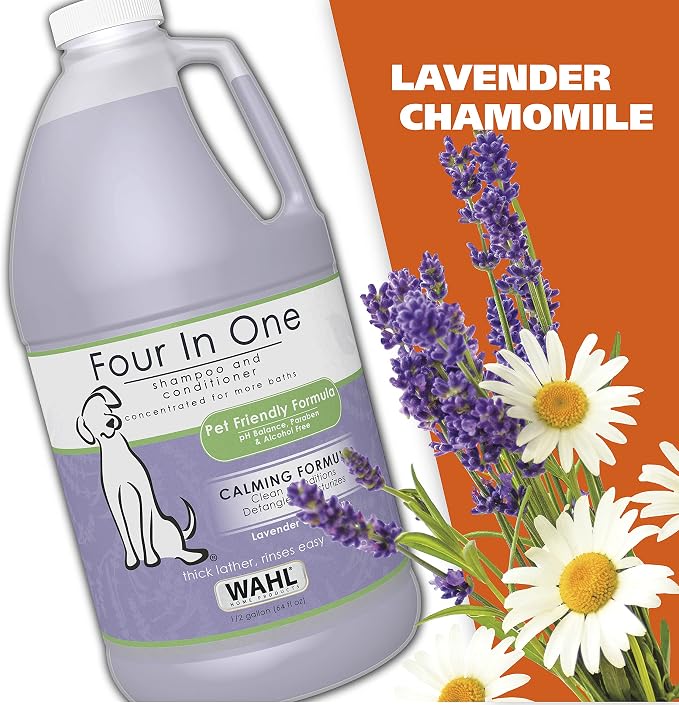 Wahl USA 4-in-1 Calming Pet Shampoo for Dogs, Lavender Chamomile, 64 oz | Half Gallon Shampoo For Multi-Dog Families To Clean, Condition, Detangle, And Moisturize Fur During Bath - Model 821000-050