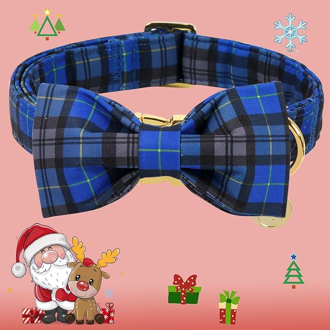 DOGWONG Christmas Dog Collar with Bow Tie, Blue Plaid Dog Collar Durable Metal Buckle Adjustable Soft & Cute Blue Checkered Dogs Collars for Small Medium Large Dogs, XS