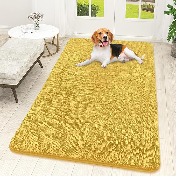 OLANLY Dog Door Mat for Muddy Paws 59x32, Super Absorbent Chenille Mud Mat | Yellow, Absorbs Moisture and Dirt, Non-Slip Machine Washable Doormat, Quick-Drying Indoor Entryway Floor Carpet for Dogs