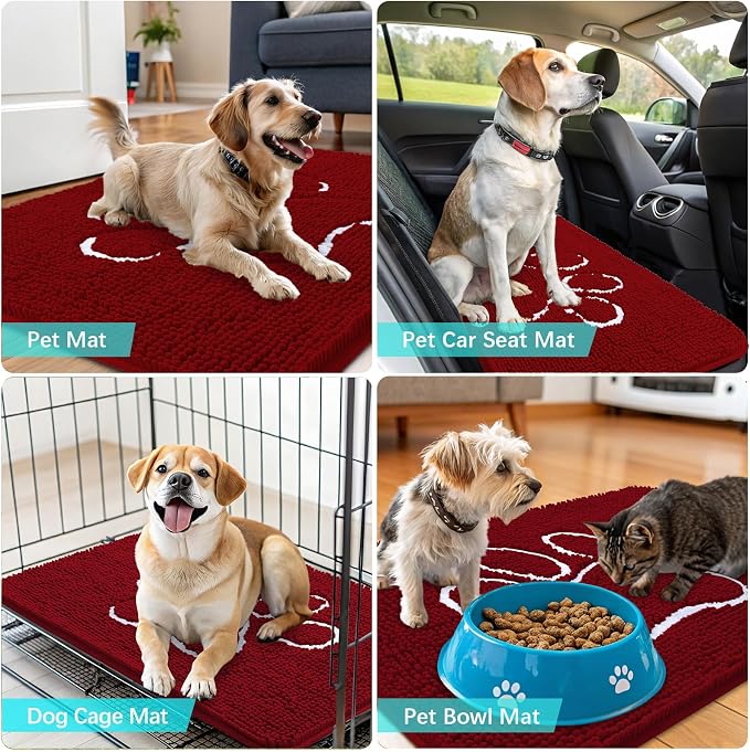 OLANLY Dog Door Mat for Muddy Paws 24x16, Paw Print Design Chenille Mud Mat | Red, Super Absorbent, Traps Moisture and Dirt, Non-Slip Washable Doormat, Quick-Drying Indoor Entryway Floor Carpet for Dogs