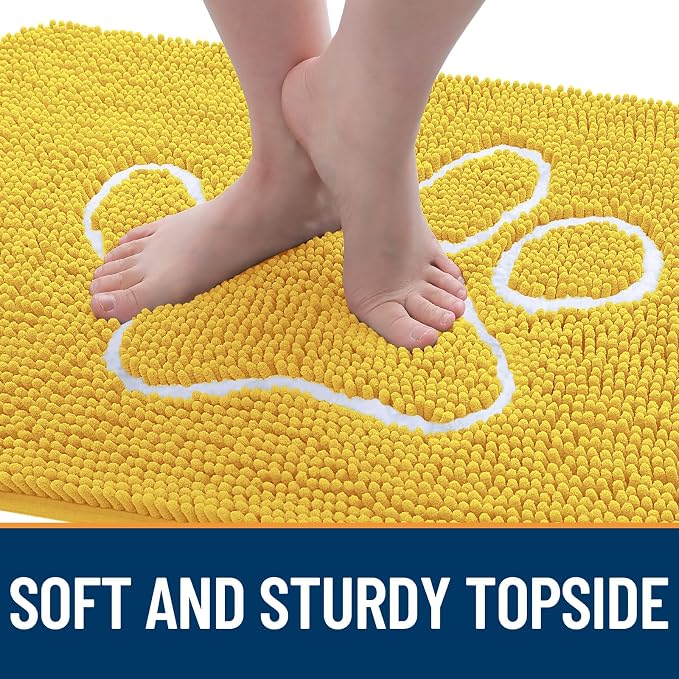 OLANLY Dog Door Mat for Muddy Paws 48x30, Paw Print Design Chenille Mud Mat | Yellow, Absorbent, Traps Moisture and Dirt, Non-Slip Washable Doormat, Quick-Drying Indoor Entryway Floor Carpet for Dogs