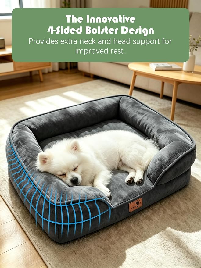 Spotted Play Orthopedic Dog Bed with Sides - Sofa Beds for Small Dogs, Supportive Foam Pet Couch Bed with Washable Removable Cover, Waterproof Lining and Non-Slip Bottom, Dark Grey - S