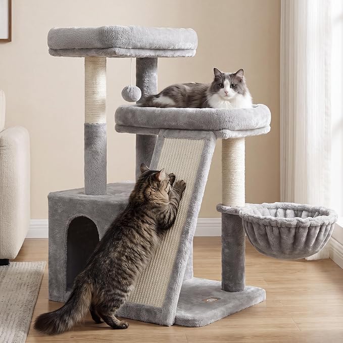 Heybly Compact Cat Tree with Big Scratcher, Stable Cat Tower HCT206SW | 27.2" Cat Furniture with 2 Top Perches, Floor Cat Condo, Cozy Hammock, Space-Saving Cat Activity Center, Light Gray