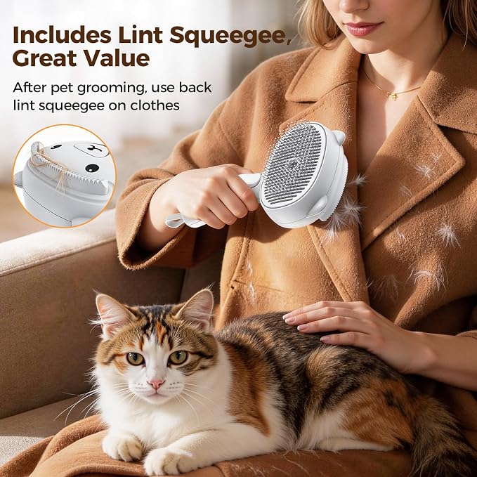 Self Cleaning Shedding Steam Cat Brush, Silicone Scraper Included | Dog Brush, primecat, Cat Brushes for Shedding, USB Rechargeable, for Grooming & Haired Pets, Dogs & Cats, White