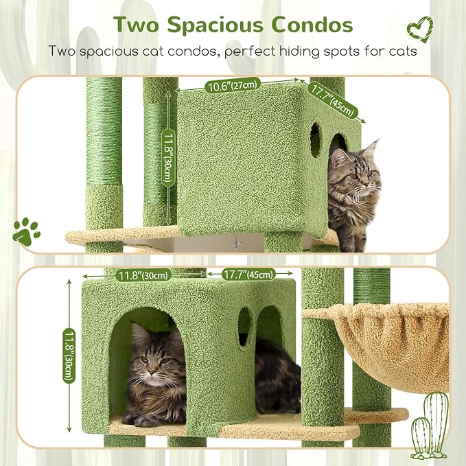 Globlazer Cactus Giant Cat Tree for Indoor Large Cats, 83in, F83, Green | XXL Cat Tower with 9 Scratching Posts for 20lb+ Heavy Duty Large Adult Cats