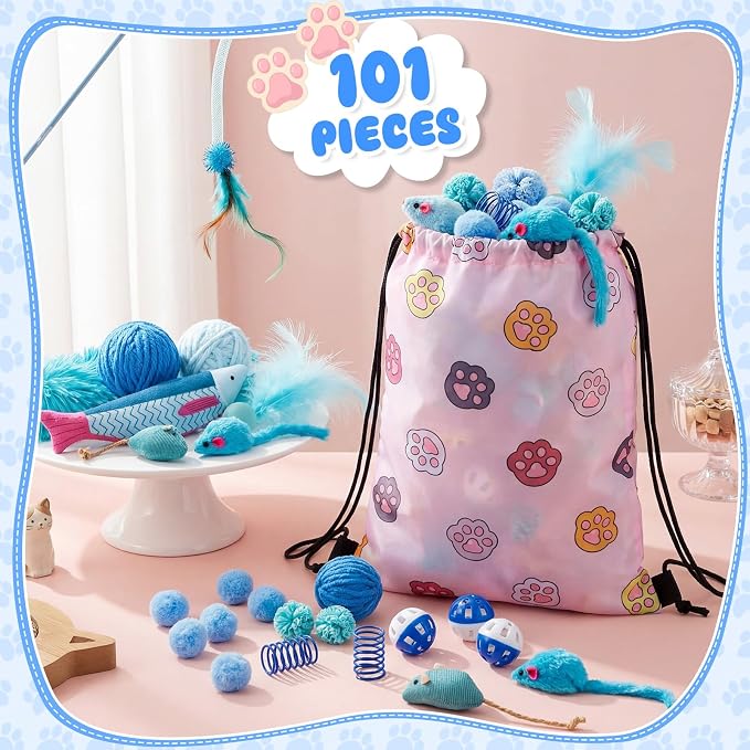 Leitee 101 Pcs Cat Interactive Toys Set with 1 Cat Paw Gift Storage Bags Feather Teaser Wand Springs Mice Fish Crinkle Balls Bell Balls Pillow, Puzzle Toys for Cats Gift Indoor(Blue)