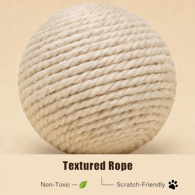 4-Inch Sisal Cat Toy Balls with Crinkle Sound | Indoor Cat Toys for Teething, Claw Sharpening & Play | Large Size Prevents Rolling Under Furniture(White)