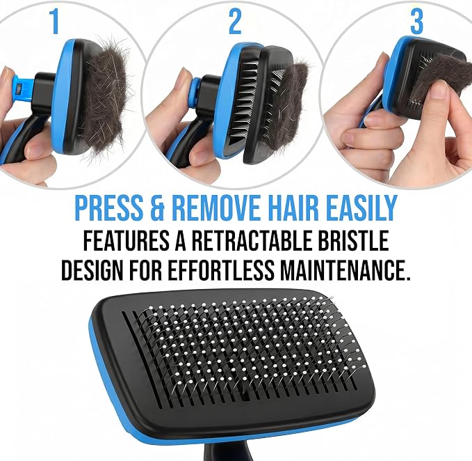 Pet Slicker Brush with Self-Cleaning Button – Deshedding & Grooming Tool for All Hair Types – Safe for Puppy, Kitten & Dogs, Cats, Blue, Hampton Distribution