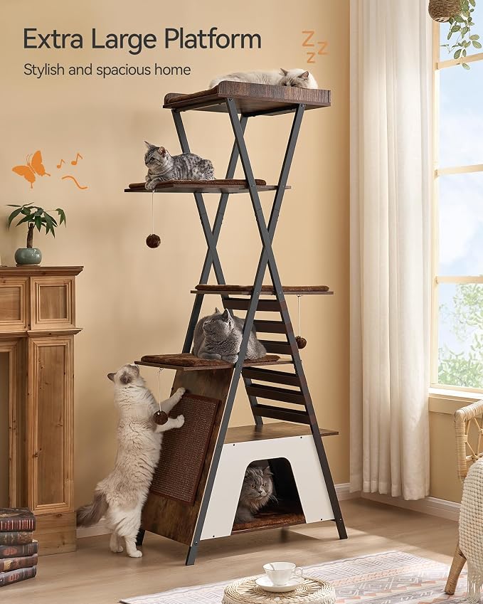 72.4" Modern Cat Tower for Indoor Cats - Multi-Level Condo With Caves, Tall Tree With Scratching Board, Wooden Tower With Large Perch, Removable Pads, Rustic Brown