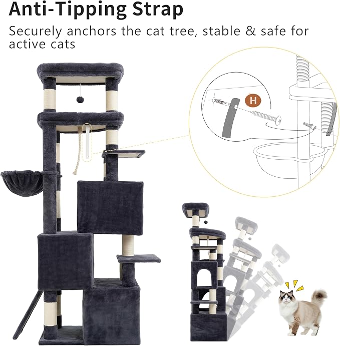 Heybly Cat Tree, 74-Inch Streamlined Cat Tower for Large Cats HCT061G | Cat Furniture with 3-Tier Stacked Condos, Large Perch, Sturdy Base, Full Sisal Scratching Posts & Ramp, Smoky Gray