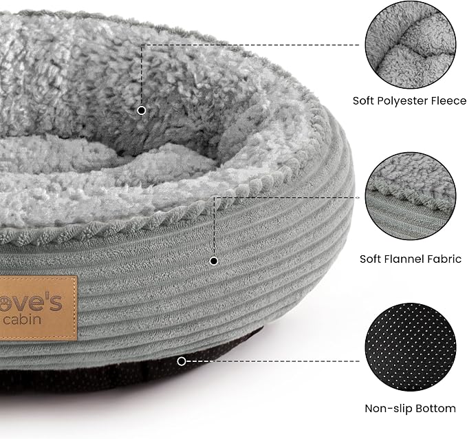 Love's cabin Round Donut Cat and Dog Cushion Bed, 24in Pet Bed for Small or Medium Dogs, Anti-Slip & Water-Resistant Bottom, Soft Durable Fabric Pet Beds, Washable Calming Cat Bed Pure Gray