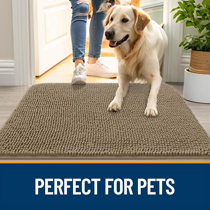 OLANLY Dog Door Mat for Muddy Paws 40x32, Super Absorbent Chenille Mud Mat | Tan, Absorbs Moisture and Dirt, Non-Slip Machine Washable Doormat, Quick-Drying Indoor Entryway Floor Carpet for Dogs