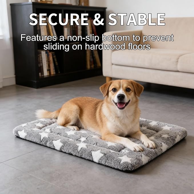 Dog Crate Mat, 4 Piece Reversible Pet Bed, Polyester, Machine Washable, Small Dogs & Cats, Rectangular(Gray Star, 30" L x 20" W x 1.5" Th)