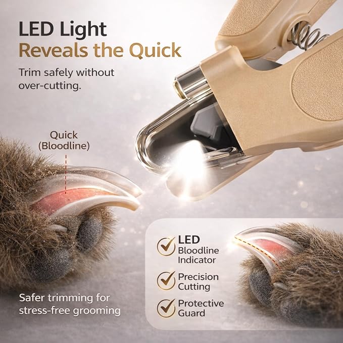 2-in-1 Dog Cat Nail Clippers with Light Bloodline Indicator & Electric Grinder – Type-C Rechargeable Dog Cat Nail Trimmer – Low Noise Grooming Tool with Battery Display (Dark Beige)