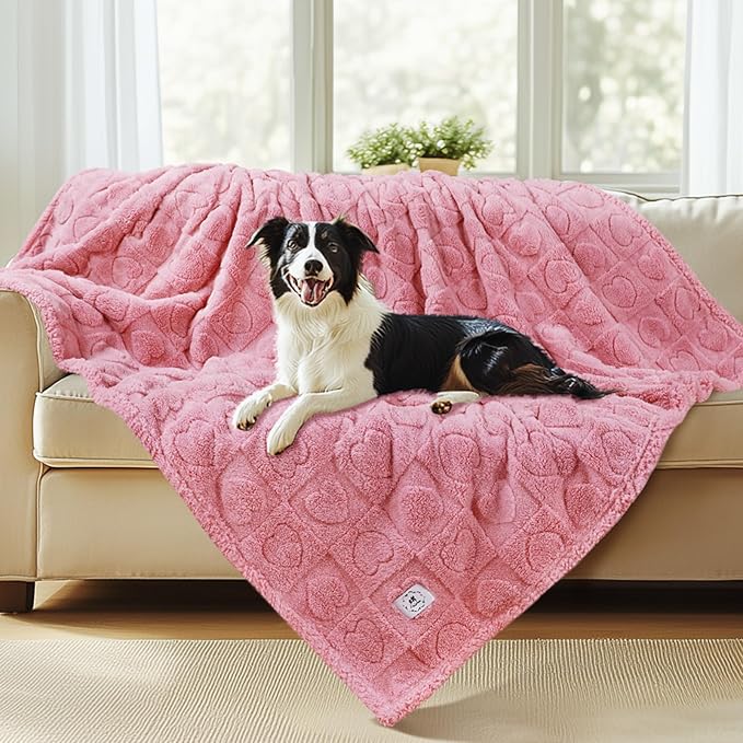 Luciphia Valentines Day Waterproof Blanket for Medium Large Dogs Washable Bed Couch Protector Soft Fluffy 3D Heart Jacquard Pet Blanket with Sherpa Fleece Cozy Calming Throw Blankets, Pink 65x57 inch