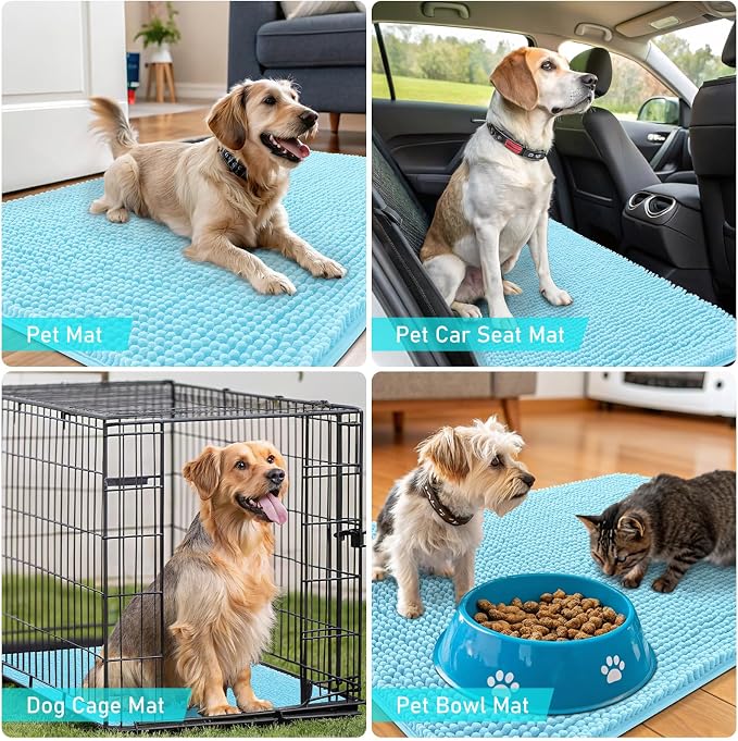 OLANLY Dog Door Mat for Muddy Paws 47x32, Super Absorbent Chenille Mud Mat | Blue, Absorbs Moisture and Dirt, Non-Slip Machine Washable Doormat, Quick-Drying Indoor Entryway Floor Carpet for Dogs
