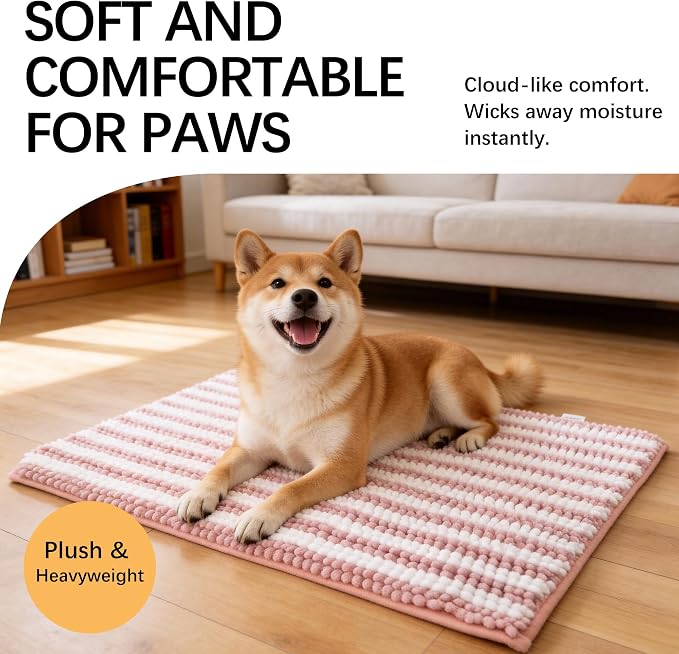 Dog Door Mat for Muddy Paws - Absorbent Quick-Dry Non-Slip Washable Chenille Pet Rug, Indoor Entryway Mat for Front Door & Crate(Pink, 30" L*18" W)