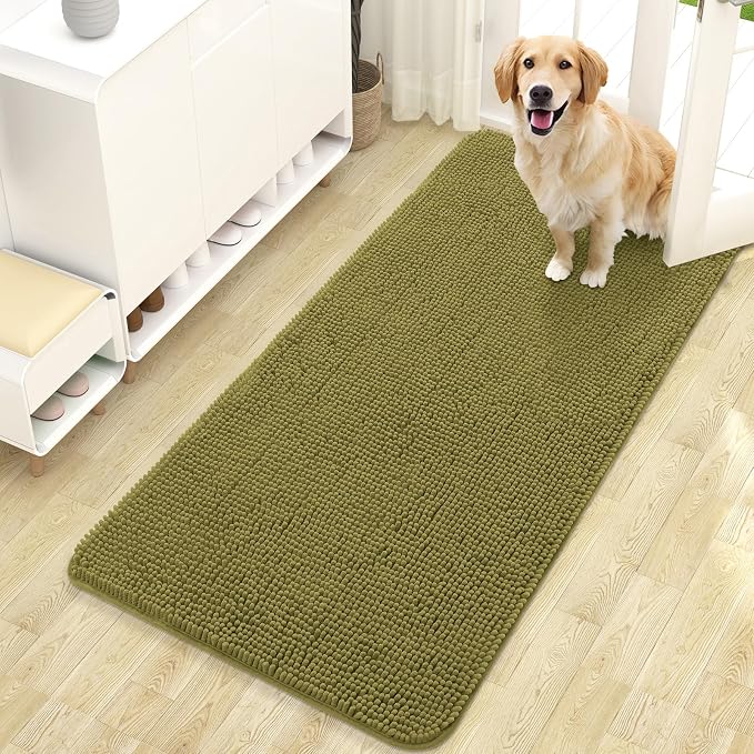 OLANLY Dog Door Mat for Muddy Paws 47x24, Super Absorbent Chenille Mud Mat | Willow Green, Absorbs Moisture and Dirt, Non-Slip Machine Washable Doormat, Quick-Dry Indoor Entryway Floor Carpet for Dogs