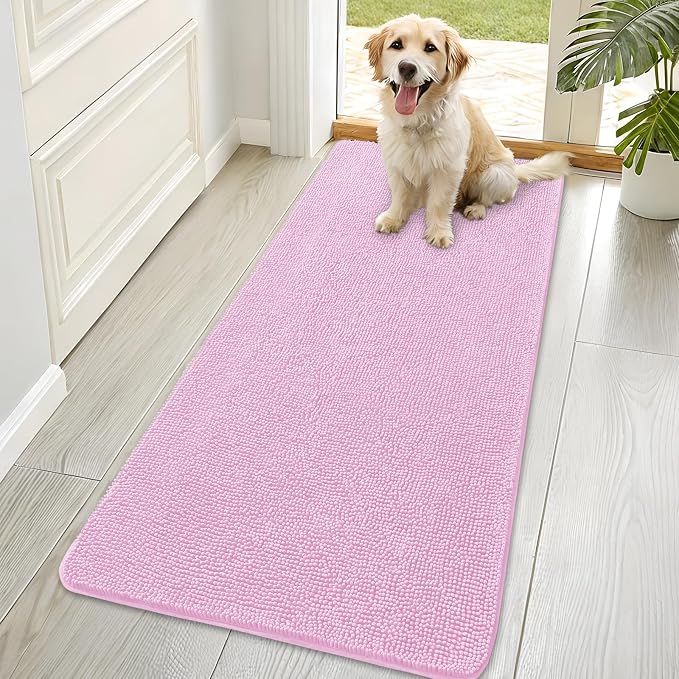 OLANLY Dog Door Mat for Muddy Paws 70x35, Super Absorbent Chenille Mud Mat | Pink, Absorbs Moisture and Dirt, Non-Slip Machine Washable Doormat, Quick-Drying Indoor Entryway Floor Carpet for Dogs