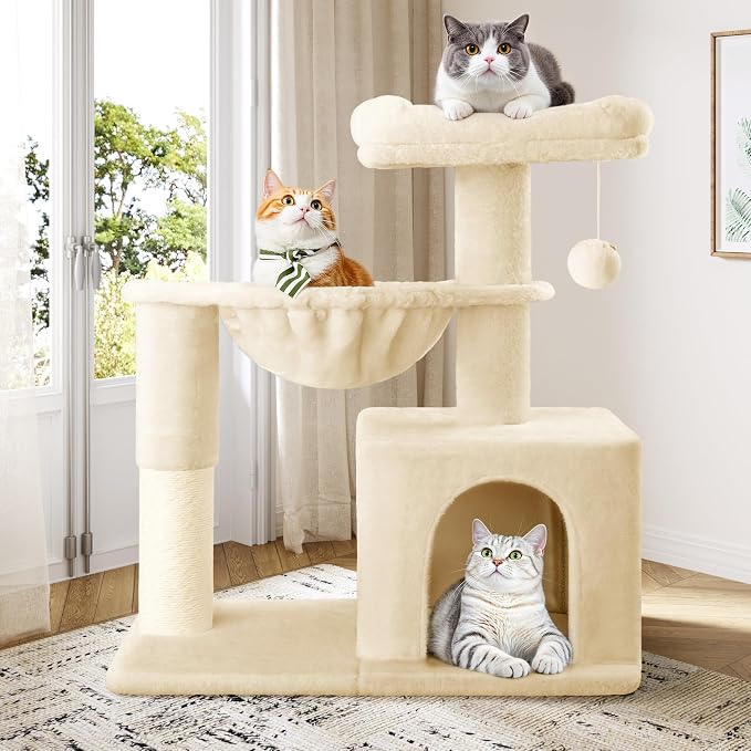 Allewie 29.5in Indoor Cat Tree, Multi-Level Cat Tower with Sisal Scratching Posts, Padded Perch, Basket, Condo, and Hanging Ball, Suitable for Kittens and Adult Felines,Beige