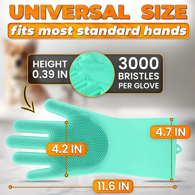 Cat and Dog Washing Gloves, 1 Pair, 11.6 in, Silicone (Turquoise) | Dog Shampoo Gloves, Pet Bath & Grooming Mitt, 3000 Soft Bristles, Removes Loose Hair, Saves Shampoo, Massage, Wet or Dry