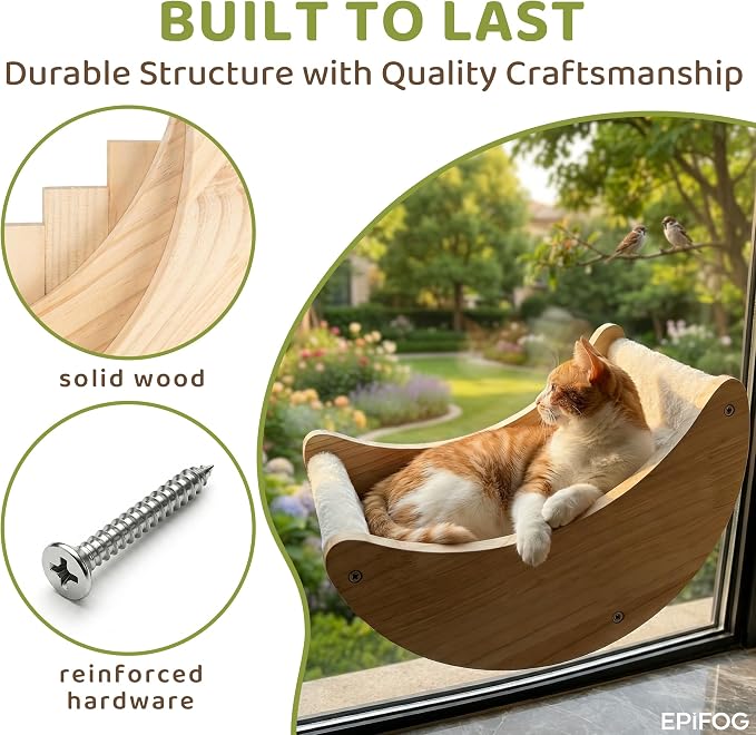 Cat Window Perch White Cushion 14.17" L x 12.01" W x 11.42" H | Sturdy Moon Shaped Sunbathing Bed, Solid Wood, Detachable Soft Cushion, 4 Suction Cups, for Indoor Cats