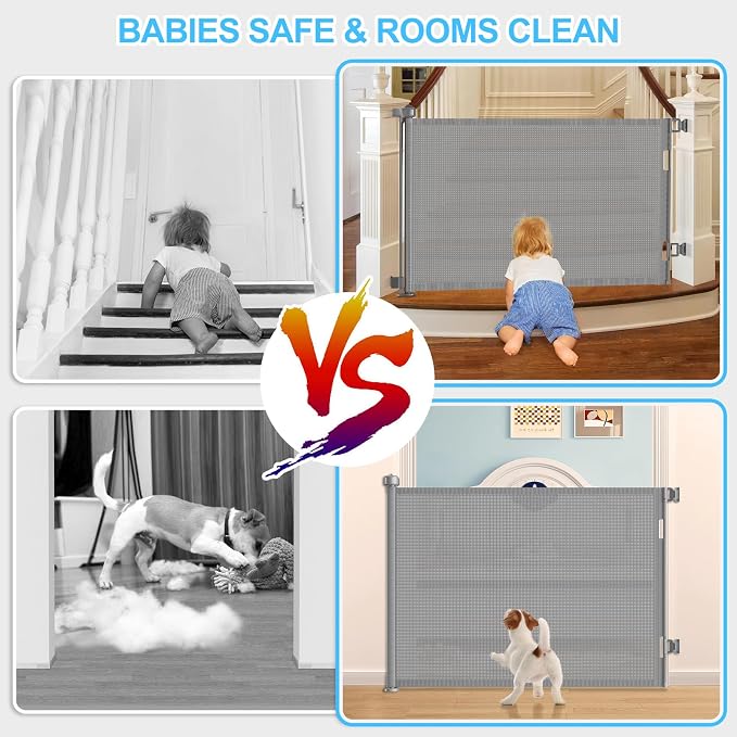 55 Inch Retractable Baby Gates Extra Wide, 41 Inch Reinforced Extra Tall Gate Mesh Safety Gate for Kids Pets, Retractable Dog Gate Baby Retractable Gate for Stair Hallway Doorway Indoor Outdoor, Gray