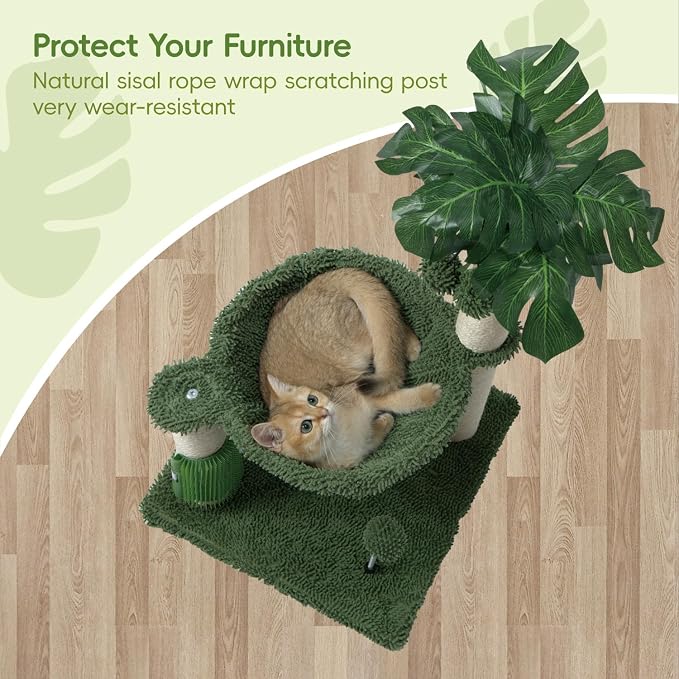 MECOOL Small Cat Tree Tower Scratching Post with Hammock for Indoor Kittens and Small Cats up to 7lb,Self-Massage Bursh Hanging Ball Toys,Monstera deliciosa Green
