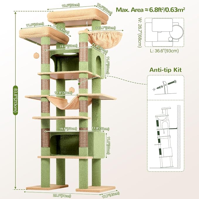 Globlazer Cactus Giant Tall Heavy Duty Cat Tower for Indoor Large Cat, F83B | XXL Multi-Level Large Cat Condo with 8 Scratching Posts, Hammock, 2 Cat Caves, 2 Platform, Green