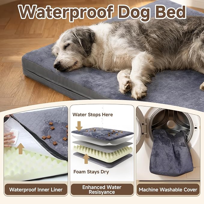 Waterproof Dog Bed for Stretching Out, XL Washable Reversible Pads, 44x32 | Pet Bed for Medium Large Dogs with Removable Cover, Waterproof, Wipeable, Anti-Slip, Outdoor, Dark Grey