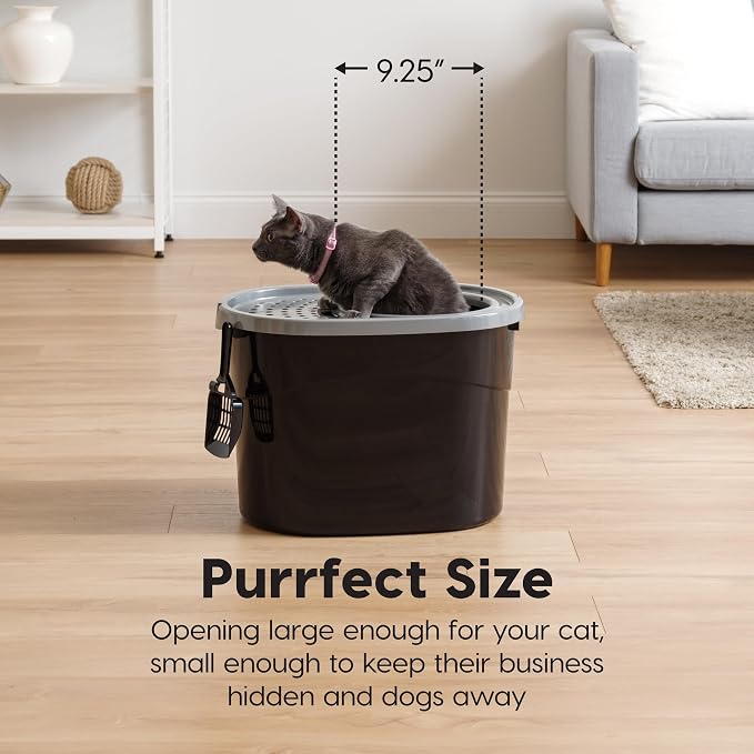 IRIS USA Large Top Entry Cat Litter Box with Lid, Enclosed Covered Cat Litter Box for Indoor Cats, Dog Proof Design, Odor Control, Litter Tracking Reduction, Scoop Included, Black/Gray