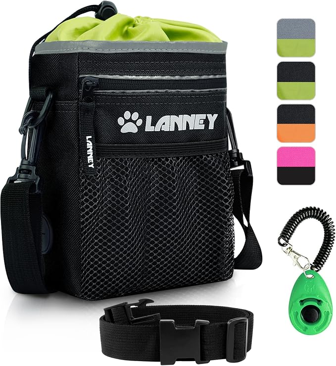 Dog Treat Pouch Pet Training Bag for Small to Large Dogs, Treat Tote Carry Kibble Snacks Toys for Training Reward Walking, Metal Clip, Waist belt, Shoulder Strap, Poop Bag Dispenser, Black with Green