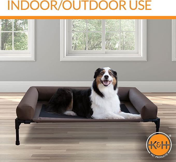 K&H Pet Products Bolster Dog Cot Cooling Indoor/Outdoor Elevated Dog Bed Hammock with Removable Bolster, Washable Mesh Cover, Raised Camping Bed for Medium Pets - Chocolate Medium 32" X 25"