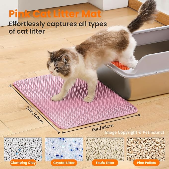 Cat Litter Mat, Double Layer Honeycomb Litter Box Mat | 24x18”, Efficient Litter Trapping, Easy to Clean, Waterproof, Non-Slip, Soft on Paws, Scratch Resistant, Pink, Large