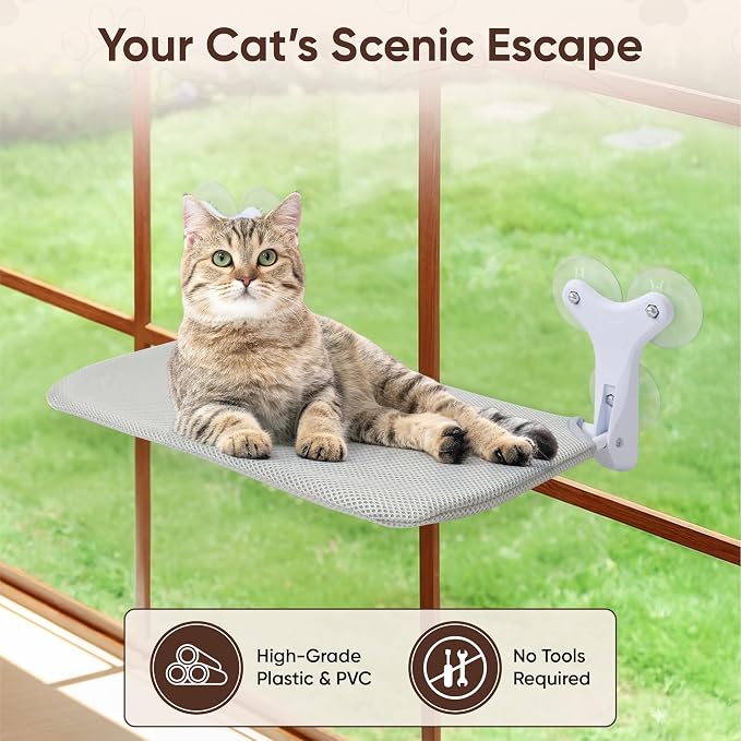 Cat Window Perch, Foldable Hammock Bed with 6 Strong Suction Cups, Cordless Indoor Pet Seat, Washable Fabric, Gray