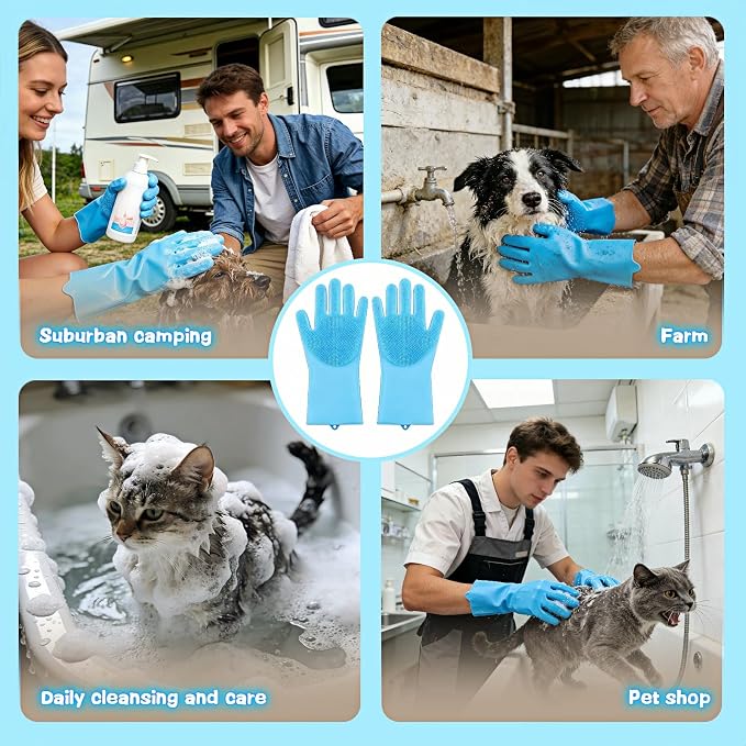 Silicone Dog Grooming Glove for Dogs and Cats, Enhanced Five-Finger Fit, Non-Slip & Extended Cuff, Dual-Sided Pet Bath Brush for Washing, Massage & Deep Cleaning 1 Pair (Blue)