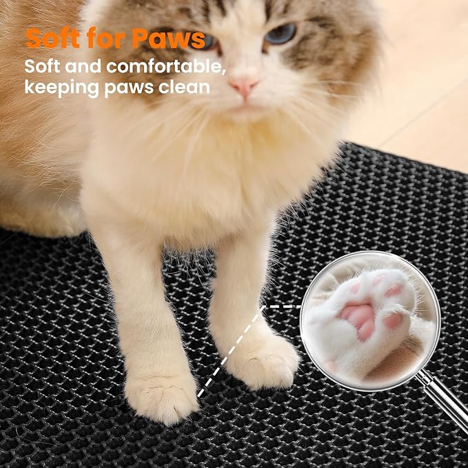 Small Cat Litter Mat, Double Layer Honeycomb Litter Box Mat | 20x14”, Reduces Litter Tracking, Waterproof, Non-Slip, Soft on Paws, Scratch Resistant, Easy to Clean, Black