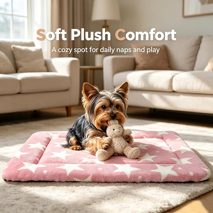 Dog Bed Mat,Reversible & Ultra Soft Kennel Pad-Machine Washable Pet Bed for Dogs & Cats-All-Weather Crate Liner for Crates,Carriers & Travel (Big Star&Pink, 24.0" L x 18.0" W x 1.5" Th)