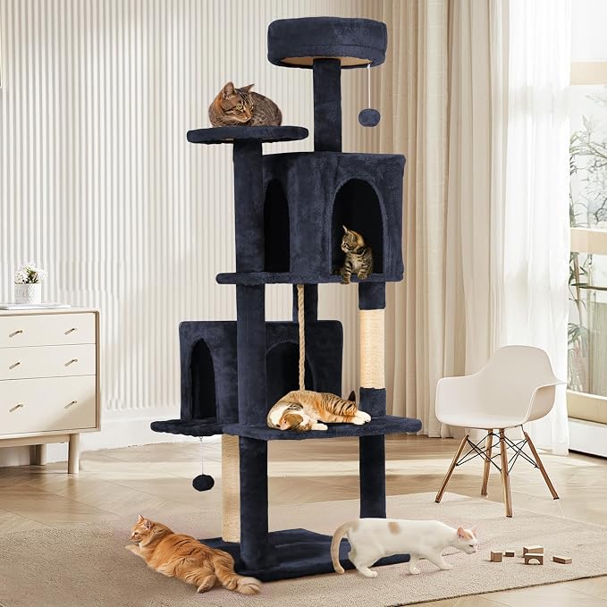 58.5inch Large Cat Tree Tower Condo for Indoor Cats, Soft Plush Multi-Level Climbing Tree Cat House with 2 Cat Cave, Scratching Post, More Entrance/Exit, Sisal Staircase, Light Black