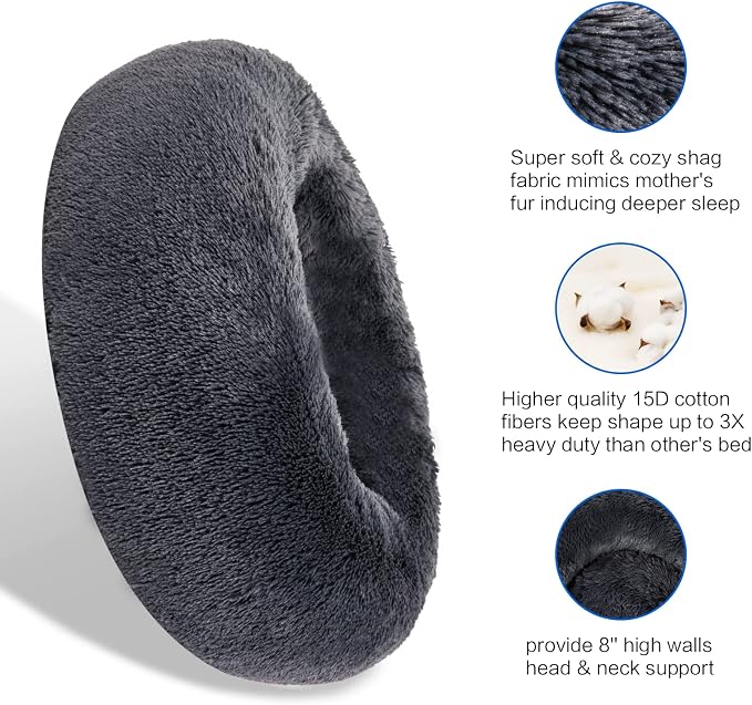 SAVFOX 30 inches Calming Donut Dog Bed - 3X Durable Plush Faux Fur, Machine Washable & Non-Slip, Fits up to 45 lbs, Dark Grey