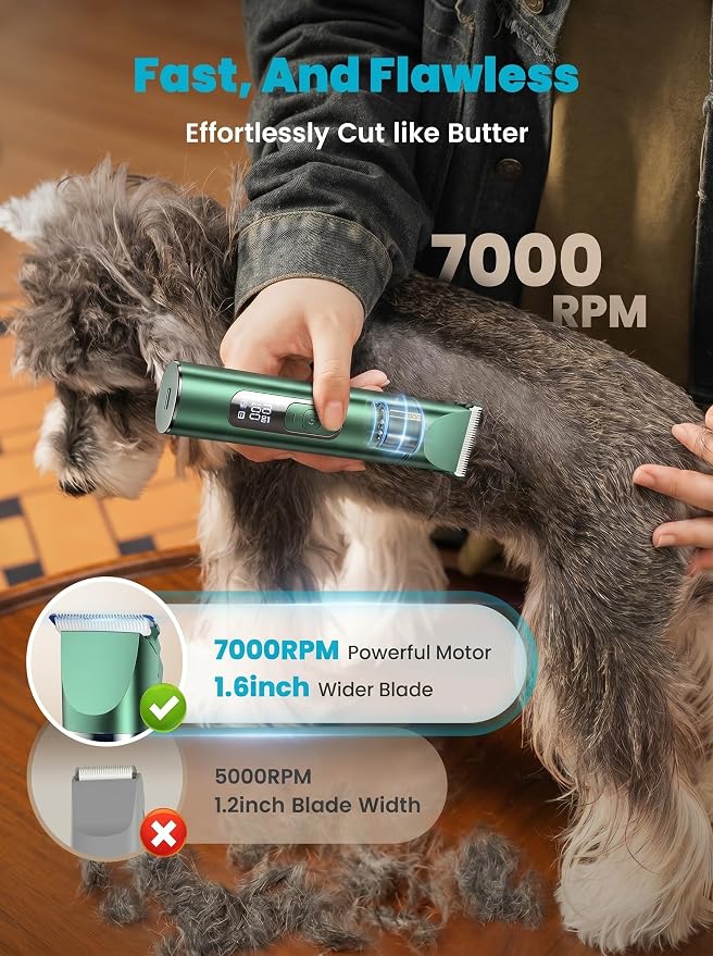 oneisall 4 in 1 Dog Grooming Kit with LCD Display Green | Paw Hair Trimmer & Nail Grinder, Rechargeable, Cordless, Low Noise, IPX7 Waterproof, 3 Speeds Pet Grooming Clippers