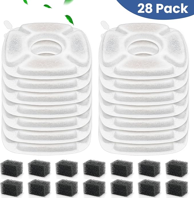 28 Pcs Cat Pet Water Fountain Filters, 14 Pcs Cat Fountain Replacement Filters & 14 Pcs Pre-Filter Sponges, Pet Fountain Filter for 95oz/2.8L 135oz/4L 67oz/2L Automatic Pet Drinking Cat Water Fountain