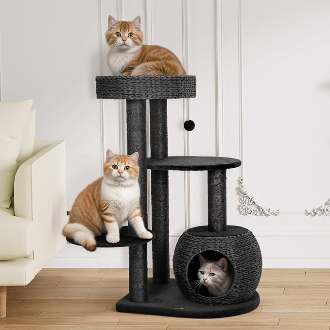 Modern Cat Tree, 39" Tall Cat Trees for Indoor Cats, Cat Condo Natural Sisal with Scratching Posts, Hand-Woven Tower & Top Perch, Cat-Tree for Kittens Climb Play & Rest Black