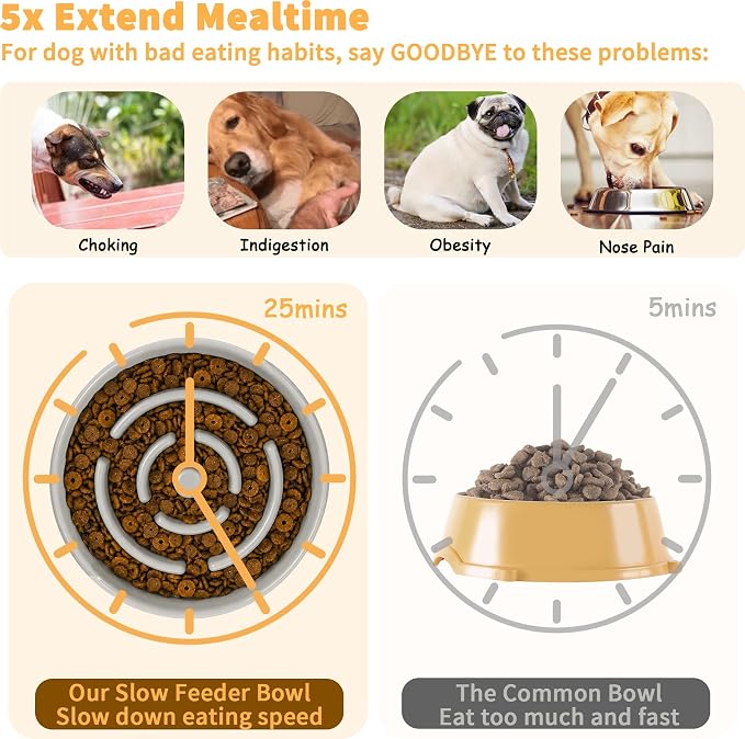 Elevated Slow Feeder Dog Bowl Large Breed, 8.8 Inch Ceramic Slow Eating Bowl with Bamboo Stand, Anti-Choking Raised Maze Design for Medium to Large Dogs, 3.2 Cup, Grey