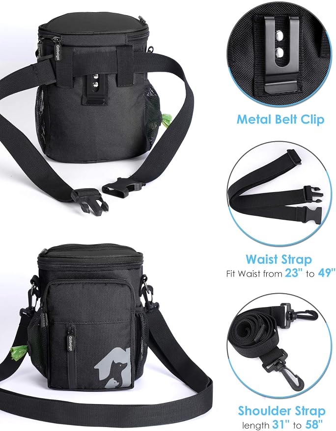 8 Cup Dog Treat Pouch with Training Clicker(Full Black) | 3 Ways to Wear/ Built-in Poop Bag Dispenser/ Zipper Front Pocket Phone Friendly Treat Bag for Pet Training & Walking