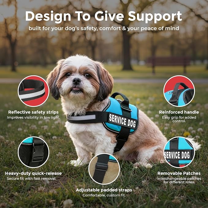Industrial Puppy Service Dog Vest Harness - Durable & Adjustable Vest for Dog with Reflective Straps, Removable Patches, 50 ADA Cards, Handle & D-Ring, Travel and Daily Use, (Blue, Small 19.5"-25")