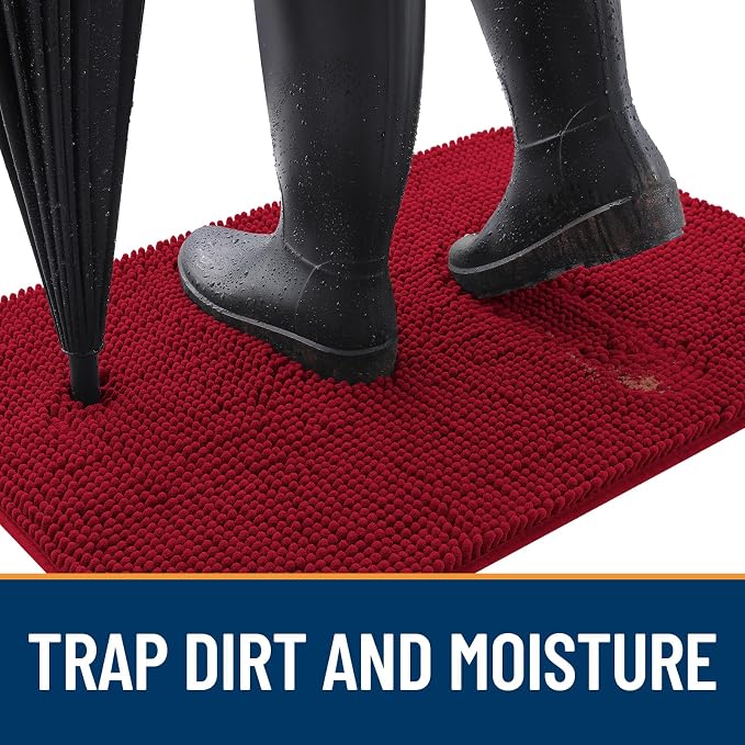 OLANLY Dog Door Mat for Muddy Paws 47x20, Super Absorbent Chenille Mud Mat | Red, Absorbs Moisture and Dirt, Non-Slip Machine Washable Doormat, Quick-Drying Indoor Entryway Floor Carpet for Dogs