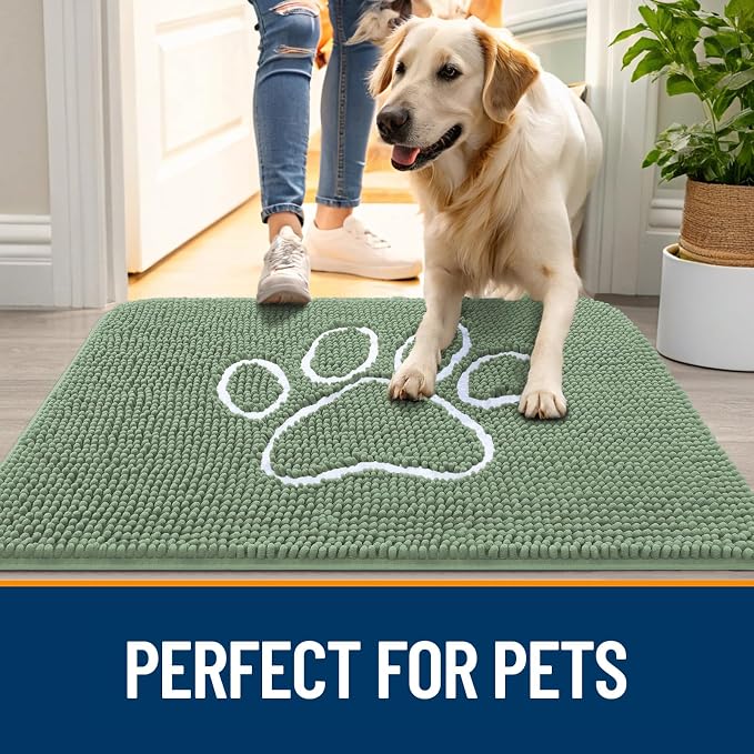 OLANLY Dog Door Mat for Muddy Paws 24x16, Paw Print Design Chenille Mud Mat | Olive Green and White, Absorbent, Traps Moisture and Dirt, Non-Slip Washable Doormat, Indoor Entryway Floor Carpet for Dogs