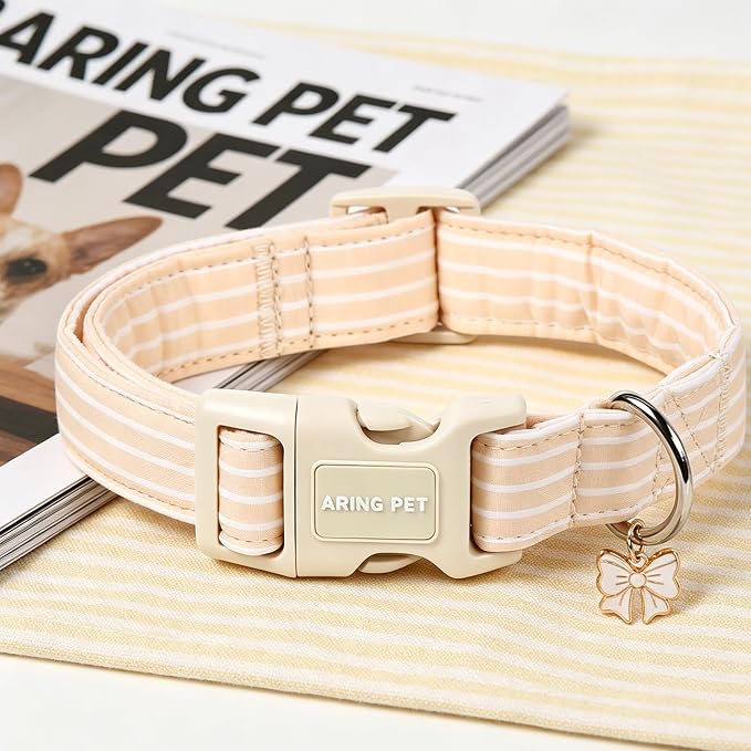 ARING PET Stripe Dog Collar, Cute Spring Summer Khaki Stripe Pet Collars with Bow Charm for Puppy Small Medium Large Boy Girl Dogs, for Daily Outdoor Walking Beach Stroll-S