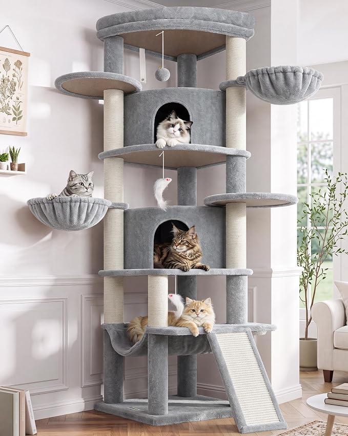 Globlazer 73in Corner Stable Cat Tree for Indoor Cats, C73, Light Grey | Space-Saving Multi-Level Climbing Tower, Large Fan-Shaped Condos & Top Perch, 8 Full-Sisal Posts & Board, Metal Baskets